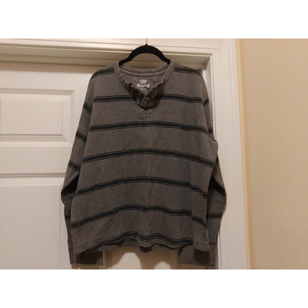 Roebuck & Co Mens XXL Grey Black Striped Waffle Knit Thermal Henley Long Sleeve